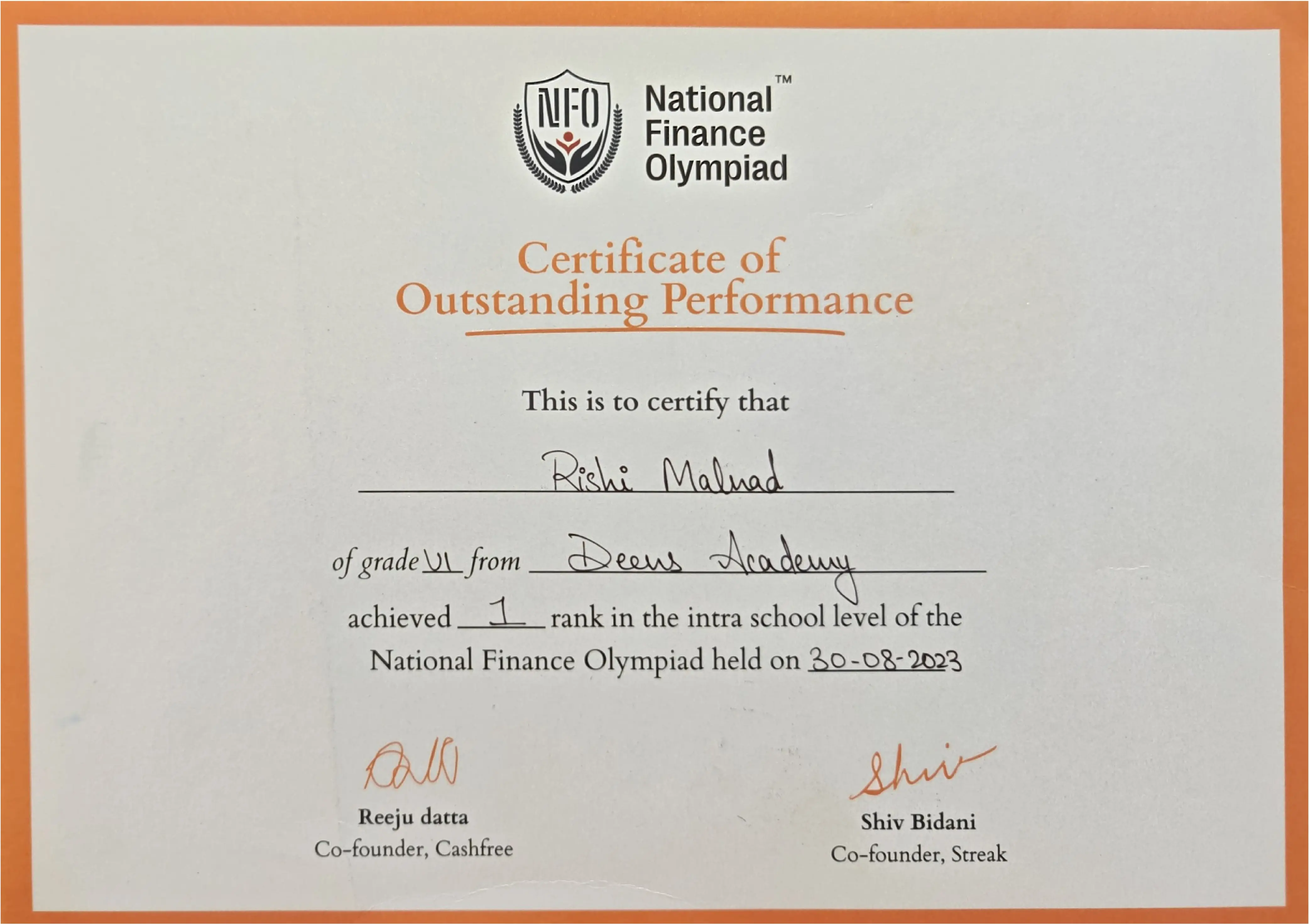 National Finance Olympiad - Intra-School Rank 1 Certificate (Grade 6 - 2023/24)